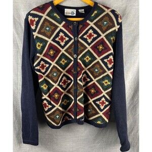 Vtg Paul Harris Design Cardigan Women's Size M Navy Cotton Blend Autumn Fall